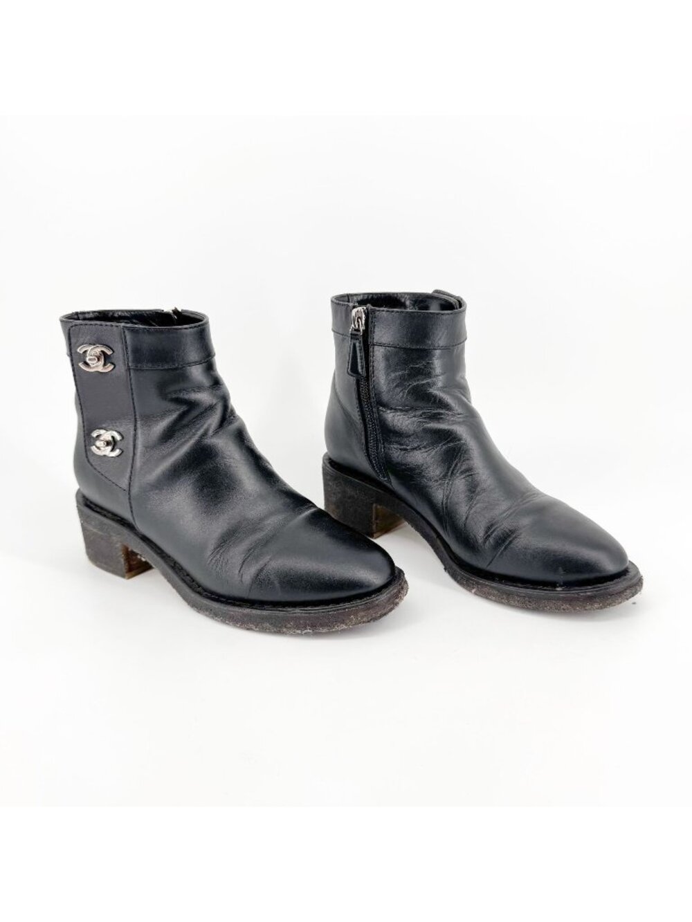 Chanel CC Turnlock Ankle Boot Size 36.5 US 5.5-6 Black Leather Moto Biker Bootie